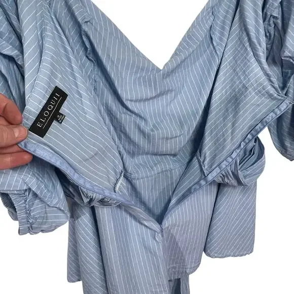 ELOQUII Women’s Blue and White Crisscross Draped Puff Sleeve Top - Picture 4 of 4